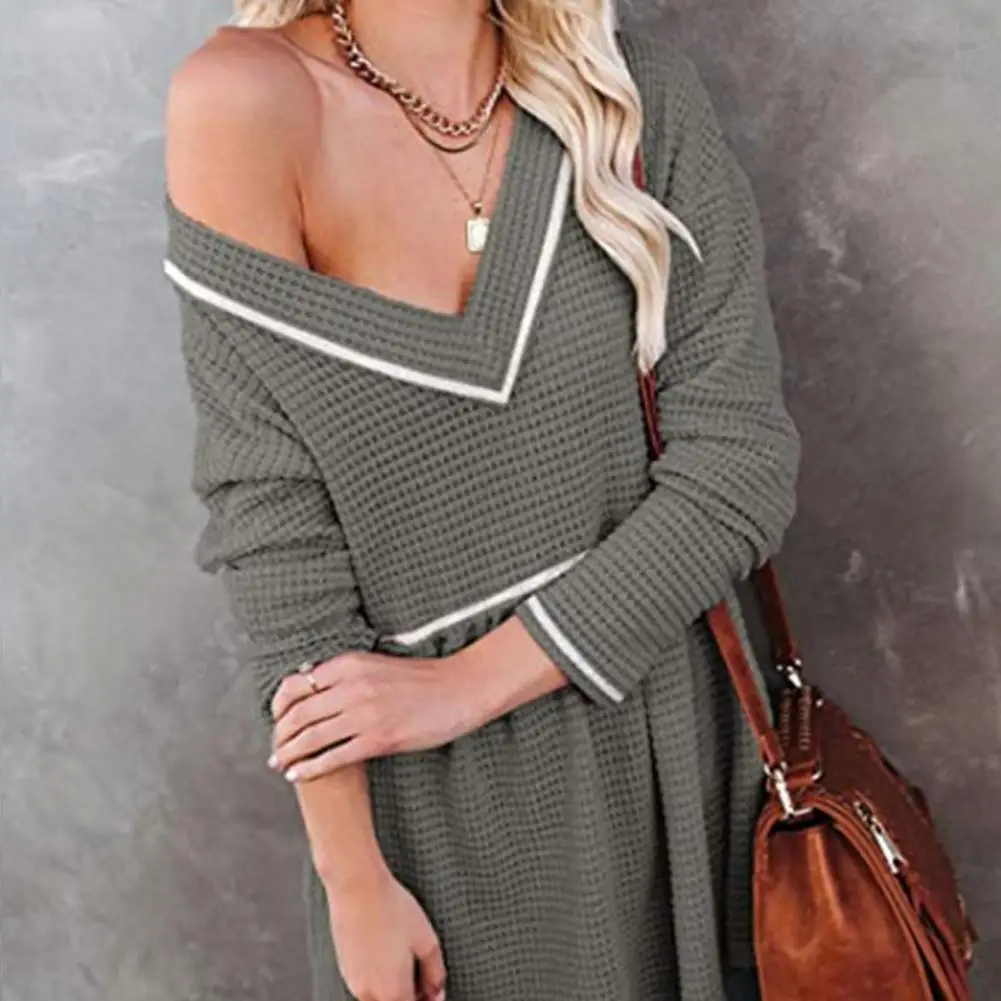 Women V Neck Tunic Top Long Sleeve Knit Pullover Sweater Casual Off Shoulder Retro Loose Swing Sexy Top Autumn New 1
