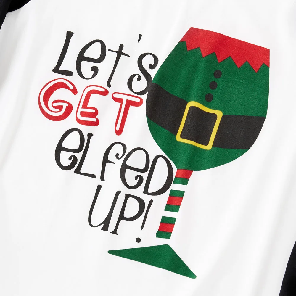NASHAKAITE Winter Soft Christmas pajamas "Let's Get Elfed Up" Christmas Glass Top and Striped Pants Family Matching Pajamas