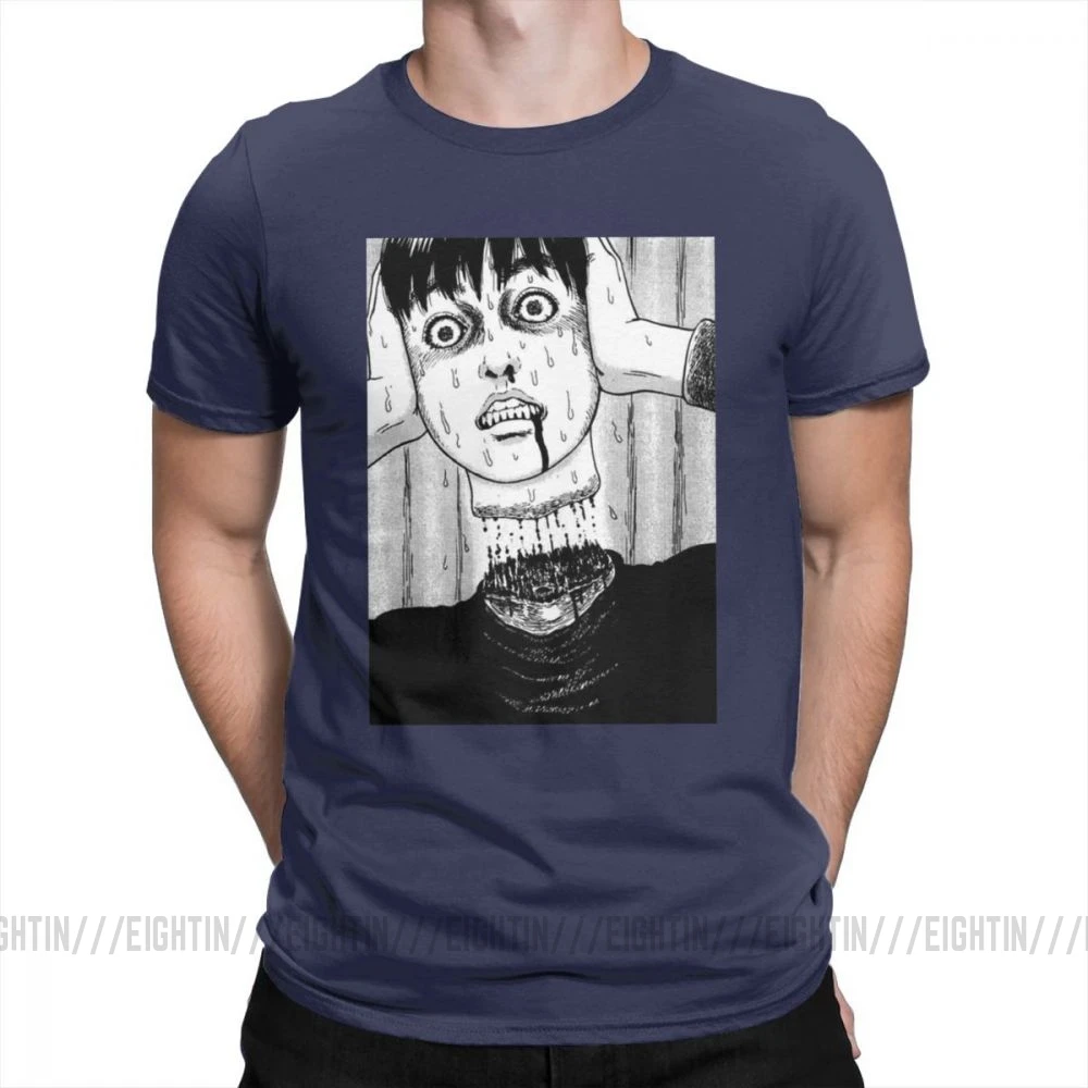 Футболка с воротником под горло HoJunji Ito для Хэллоуина; стильные мужские футболки с короткими рукавами и круглым вырезом; одежда из чистого хлопка; футболки с принтом - Цвет: Тёмно-синий