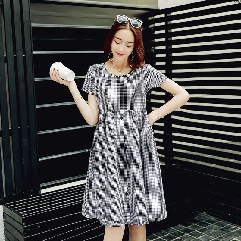 

2019 Black Plaid Dress Summer Wear for Women Fashion New Style Korean-style Loose And Plus-sized Medium-length Dress Slimming Sh