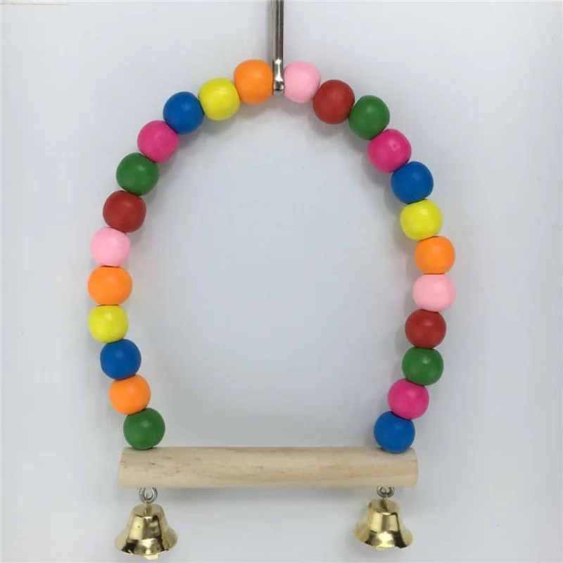 Parrot Toy 1PC Natural Wooden Parrots Swing Toy Birds Colorful Beads Bird Supplies Bells Toys Perch Hanging Swings Cage for Pets