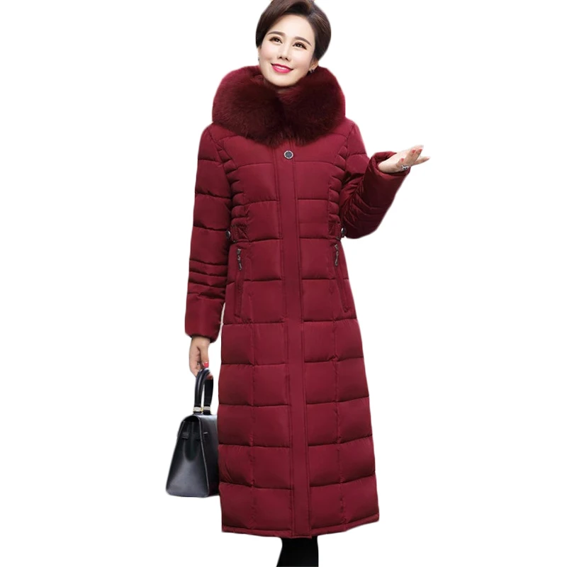 

New Plus size Middle-aged women Cotton coat Winter warm Down cotton Jackets Womens long Casual Hooded Fur collar Parkas 5XL F953