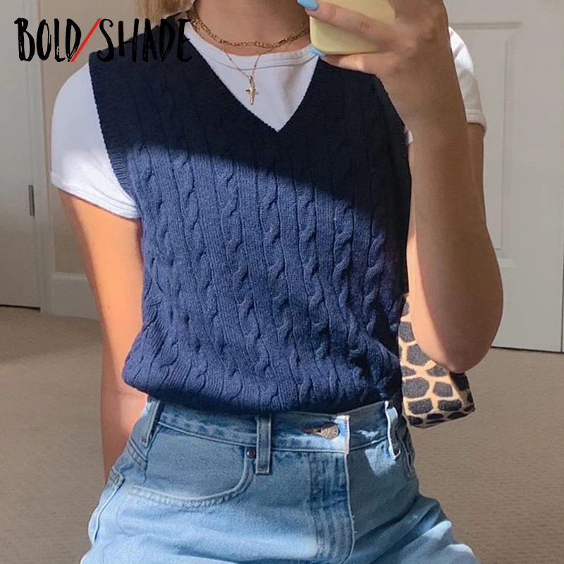 

Bold Shade Y2K Grunge Vintage Fashion Sweater Solid V-Neck Sleeveless Crop Tops Preppy Style Autumn Winter Women Sweater Vests
