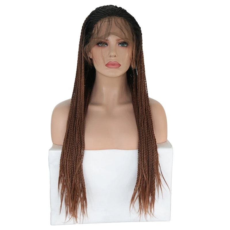 

Rongduoyi Long Micro Braids 13x3 Lace Wigs for Women Dark Roots Ombre Brown Braided Synthetic Lace Front Wig With Baby Hair