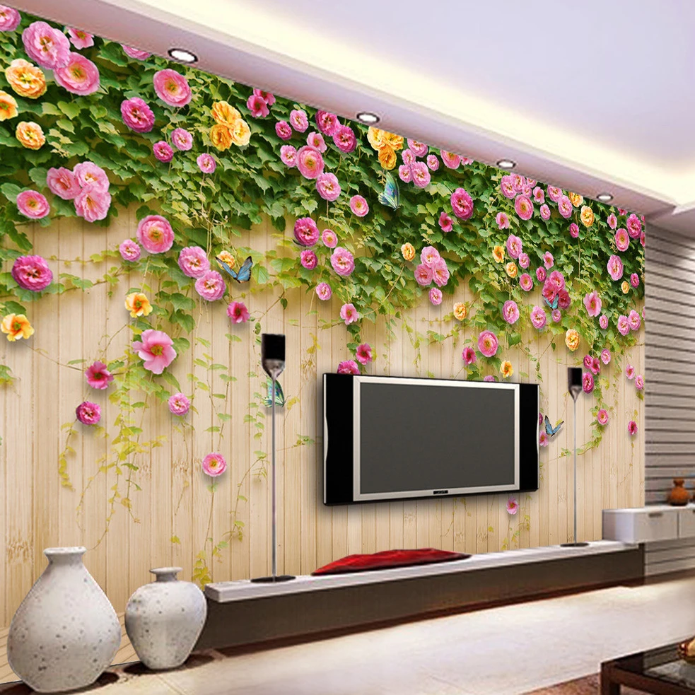 

Drop Shipping Custom Mural Wallpaper Green Vine Butterfly Rose Flower Wood Board Backdrop Decoration Painting Mural Wall Paper