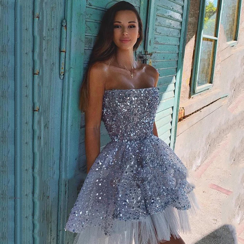 Sparkly Grey Short Prom Dress Strapless ...