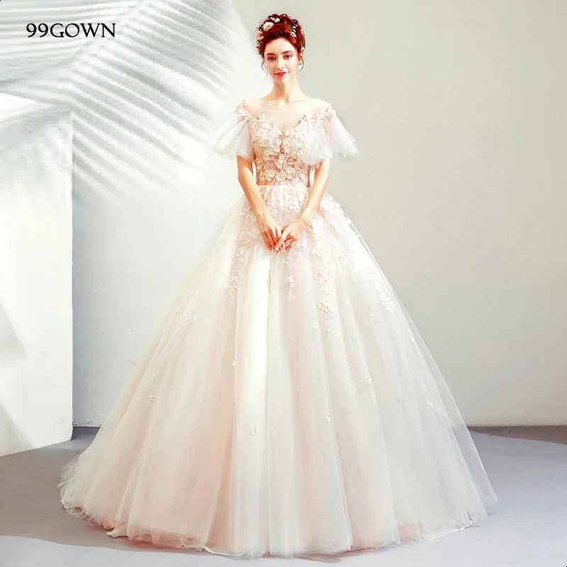 99GOWN роскошное свадебное платье со шлейфом, с коротким рукавом и расклешенной вышивкой, а-силуэт, кружевное Тюлевое свадебное платье с открытой спиной