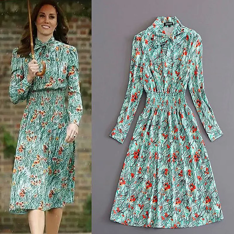 Kate Middleton, высокое качество, осень, новинка, женские модные вечерние, на рабочем месте, повседневные, сексуальные, винтажные, элегантные, шикарные, с цветочным принтом, миди платье