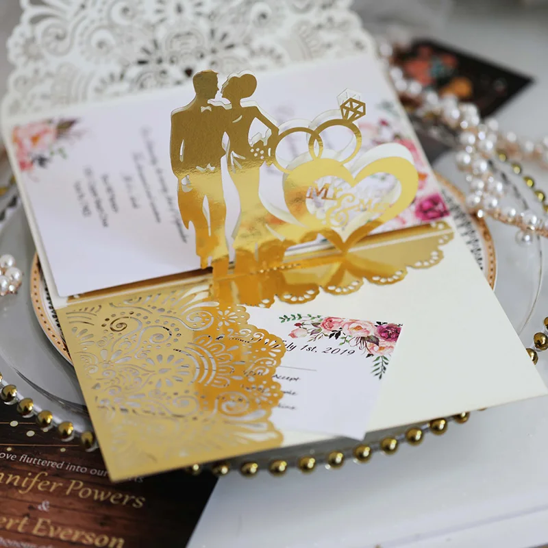 European Laser Cut Wedding Invitations Card 3D Tri-Fold Diamond Ring Engagement Greeting Card 5pcs greeting cards