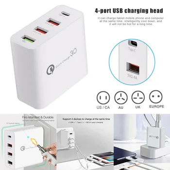 

Wall Charger Adapter 4 Ports Type C USB Charger Adapter Quick Charge for Home Office JR Deals