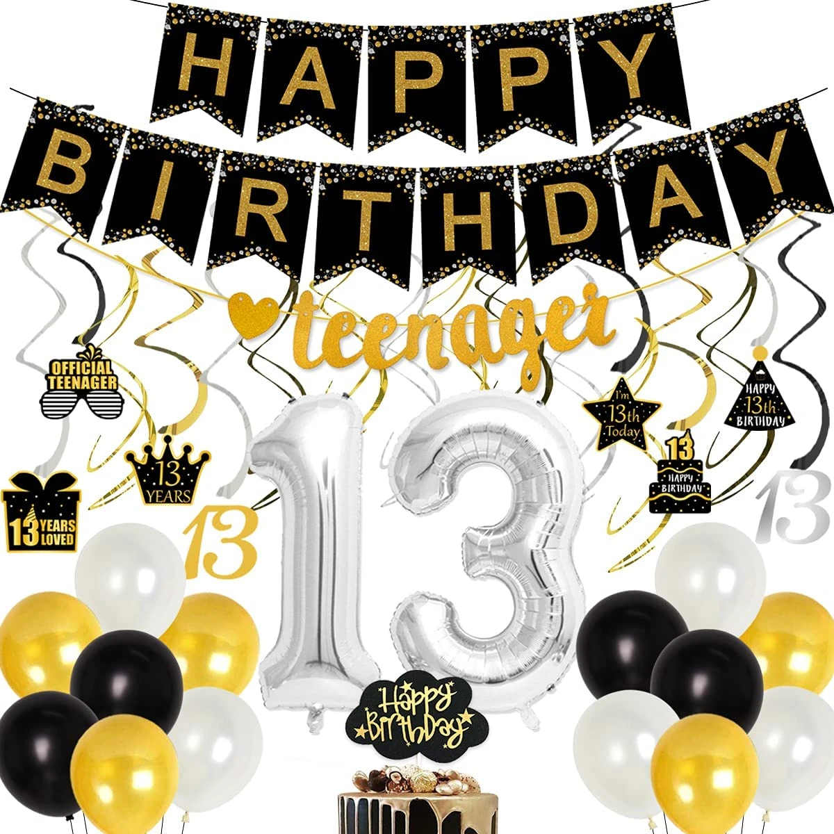 Happy Birthday Banner In Store 13Th Birthday Decorations For Boys Girls 13 Birthday Supplies Gold Balloons  With Happy Birthday Banner Birthday Hanging Swirls - Party & Holiday Diy  Decorations - Aliexpress