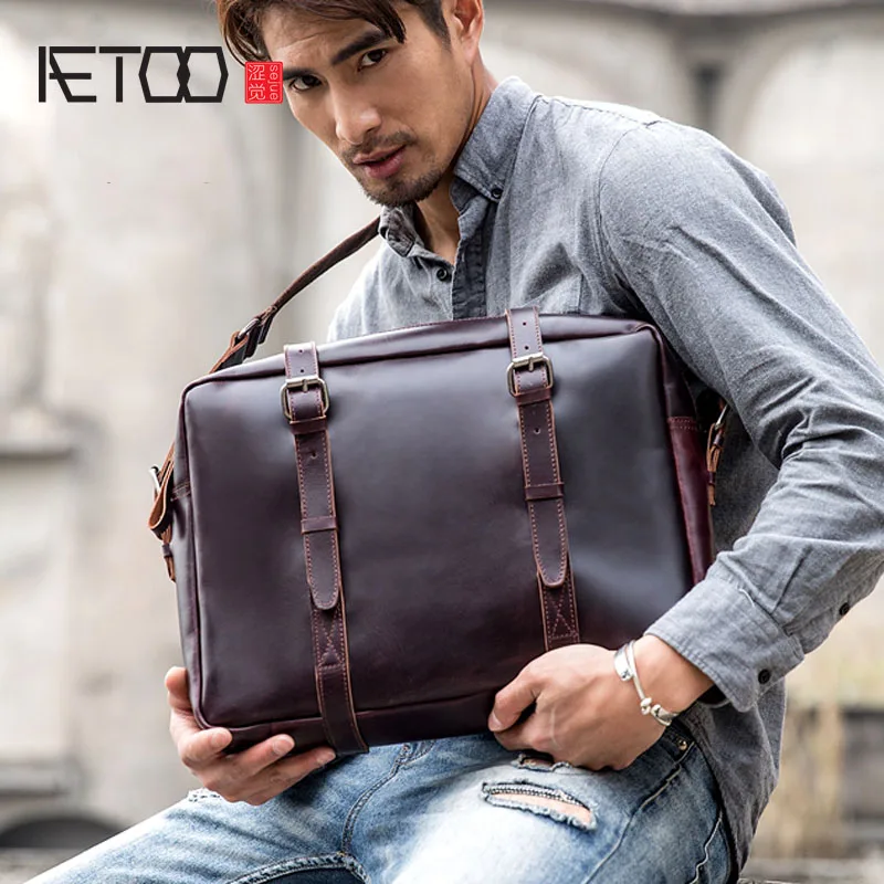 

BJYL Leather men's bag handbag casual men's retro bag briefcase first layer leather shoulder bag Messenger bag