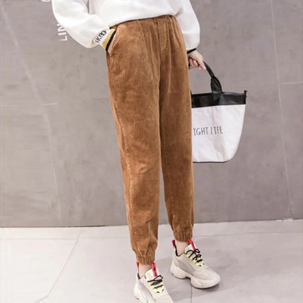 Autumn Winter High Waist Corduroy Harem Pants Women Plus Size Loose Black Pants Women Long Plus Velvet Trousers Sweatpants#J30 - Цвет: Коричневый