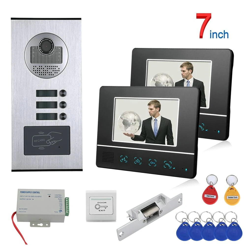 7 inch Touch Button 2 Apartment Video Door Phone Intercom System RFID 1000TVL Doorbell Camera +NO Electric Strike Door Lock