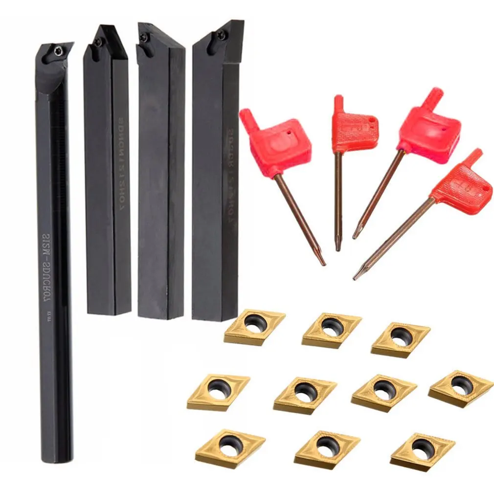

10pcs Carbide Insert Blades with 4 Pcs SCLCR Boring Bar Tool Holder with 4pcs Wrenches For Lathe Turning Tools DCMT0702