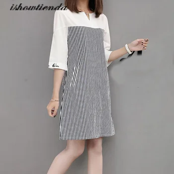 

Women Fashion Summer V-Neck Knee Length Half Sleeve Stripe Printing Dress