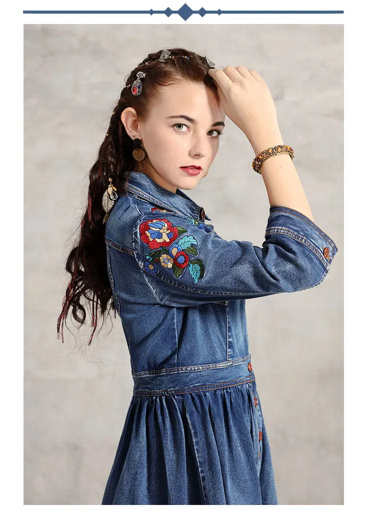 Женское платье Yuzi. may Boho новые джинсовые женские платья с отложным воротником Цветочная вышивка А-силуэта Vestidos A4917