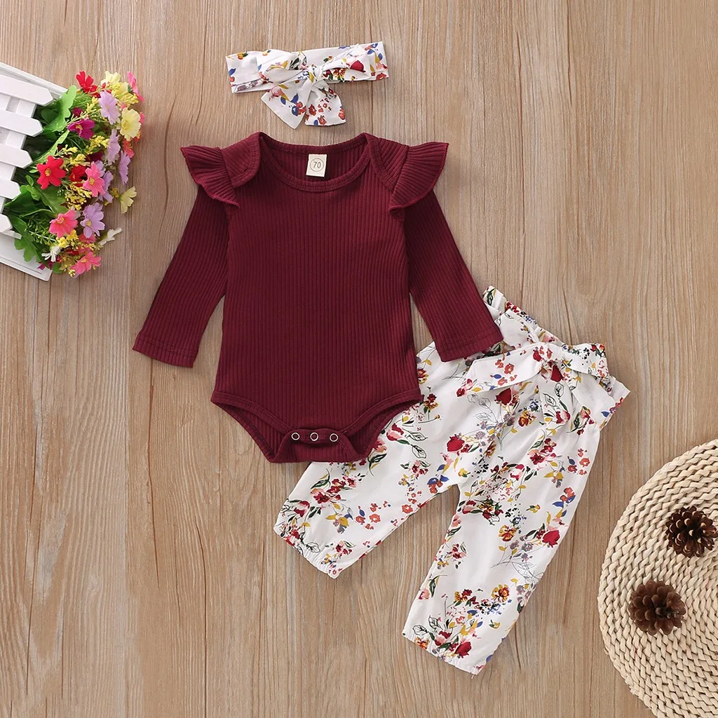 3 предмета; Одежда для новорожденных девочек; Однотонный комбинезон; штаны с цветочным принтом; леггинсы; повязка на голову; комплект одежды; повседневная одежда;# ss