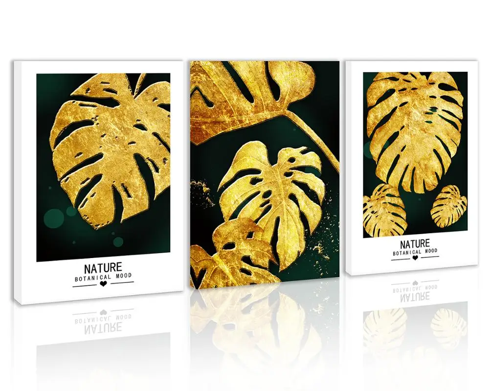 

Golden Leaf Wall Art Decor Nature Plant Botanical Mood Canvas Painting Kitchen Prints Pictures for Home Living Dining Room