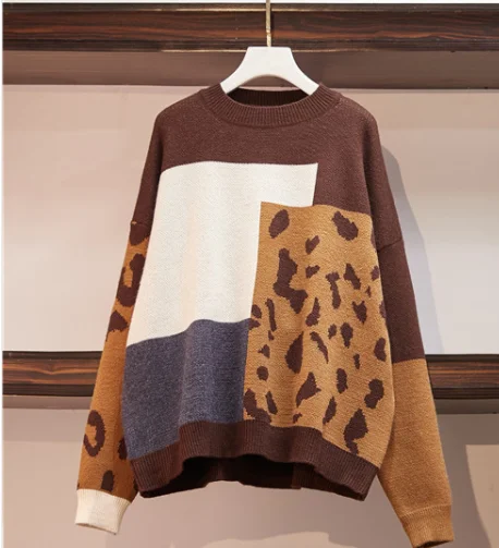 sweater HAMALIEL, свободный Свитер оверсайз, комплект из 2 предметов, Осень-зима, Леопардовый принт пэтчворк, вязаные пуловеры для ленивых+ узкие шерстяные штаны, комплект - Цвет: sweater