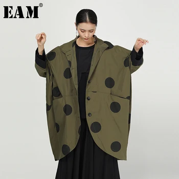 

[EAM] Loose Fit Green Back Long Dot Print Split Big Size Jacket New Lapel Long Sleeve Women Coat Fashion Tide Spring 2020 1N473