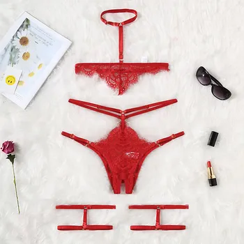 

YOUYEDIAN Sexy Lace Lingerie Bra Garter Briefs Set Babydoll Cut-Out Sleepwear sexy ladies strapless push up bra sets padded#y45