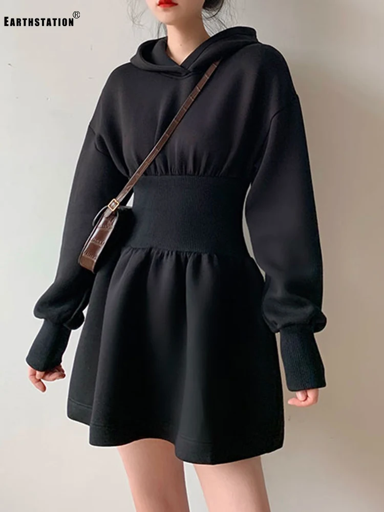 Однотонное облегающее Хлопковое платье свитер с капюшоном и эластичной талией Новое Стильное осеннее