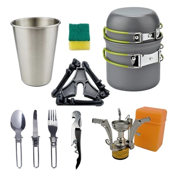 

10PCS Camping Cookware Picnic Cooking Set Outdoor Pots Pans Non-Stick Tableware with Foldable Spoon Fork Knife Kettle Cup