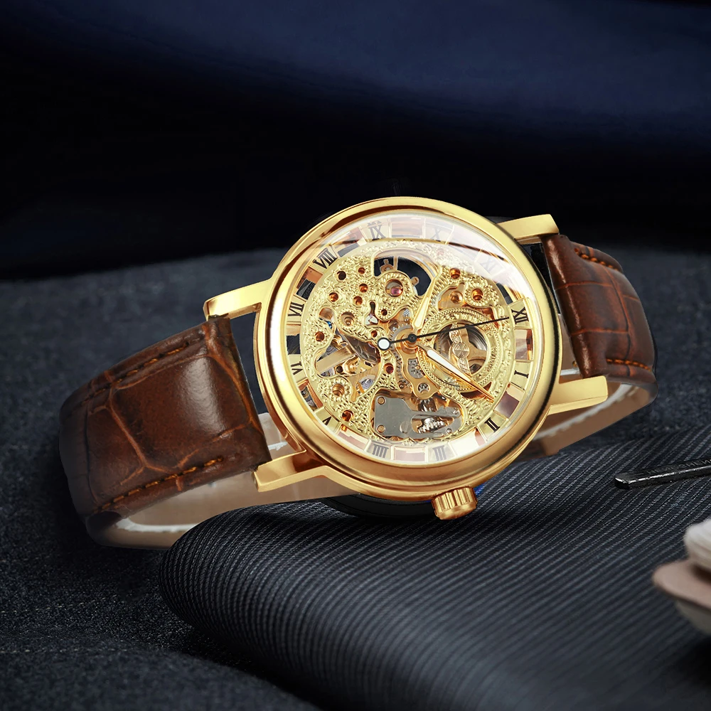 Winner Transparent Golden Case Skeleton Watch for Men Leather Strap Mens Watches Top Brand Luxury Mechanical Clock часы мужские