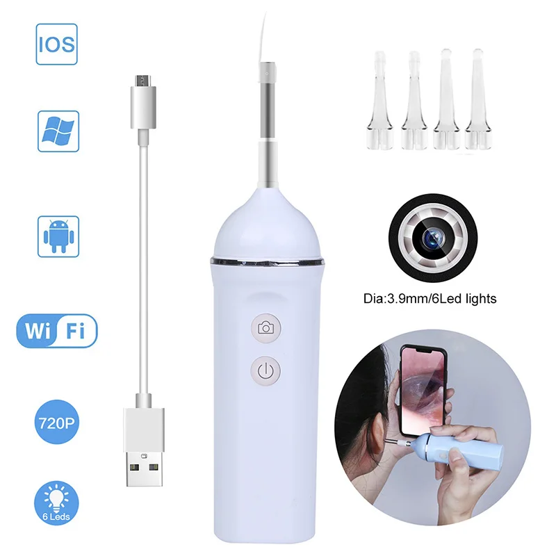 

WIFI Endoscope Camera 1.0MP 3.9MM Wireless Ear Scope Camera USB Ear Cleaning Tool with 6 Adjustable LEDs for iPhone Android PC