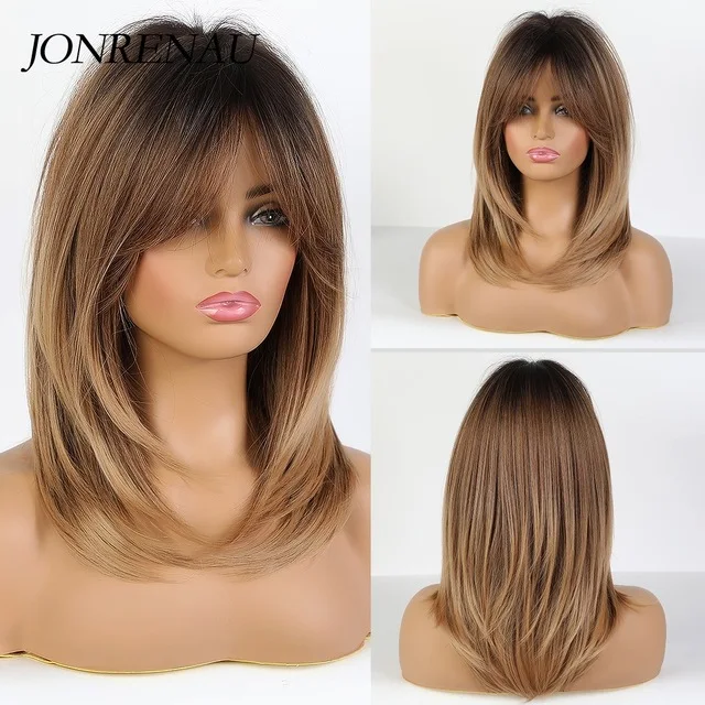 JONRENAU Long Natural Synthetic Straight Layered Hairstyle Wig Black Ombre Brown To Blonde Wigs for Black Women with Bangs Hair lc242-5