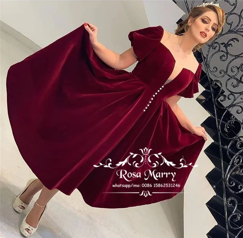 

Burgundy Velvet Short Prom Dresses 2020 A Line Short Sleeves Tea Length Plus Size Cheap Arabic vestidos de fiesta de noche