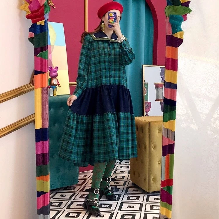 SHENGPALAE Новинка Весна Питер Пэн воротник длинный рукав vestidos лоскутное клетчатое корейское модное женское платье FV987