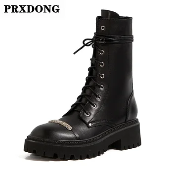 

New Mid-Calf Boots For Women Genuine Leather Shoes Woman Autumn Winter Concise Platforms Med Heels Zipper Short Motorcycle Boots