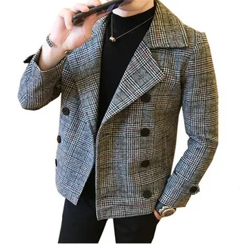 

Men's autumn winter new British style trendy lattice thicker Double Breasted woolen coat short paragraph Warn Slim jacket