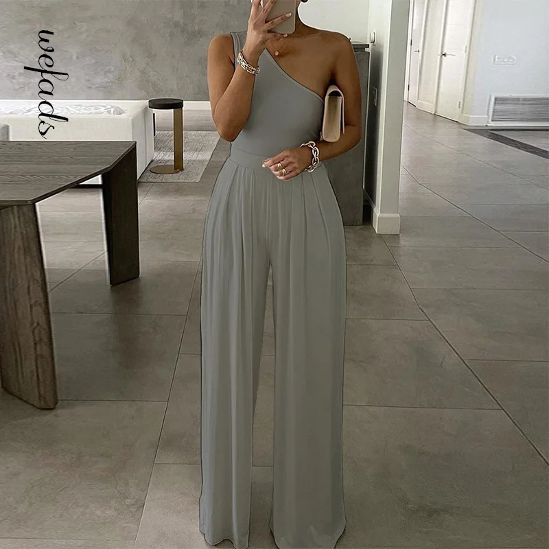 Wefads Women Jumpsuit Summer Sexy One Shoulder Bodysuit Bodycon Romper 2021 Elegant Office Soild Sleeveless pink sweat suits