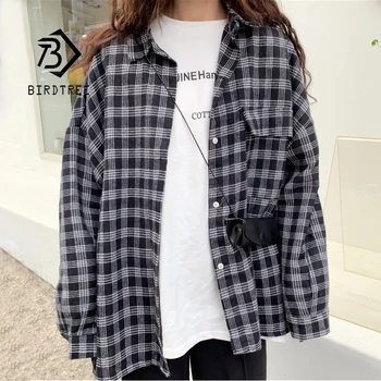 

New Women Vintage Plaid Shirt Oversize Batwing Sleeve Blouse Single Breasted Top Turn down Collar Casual Wear Feminina Blusa T04