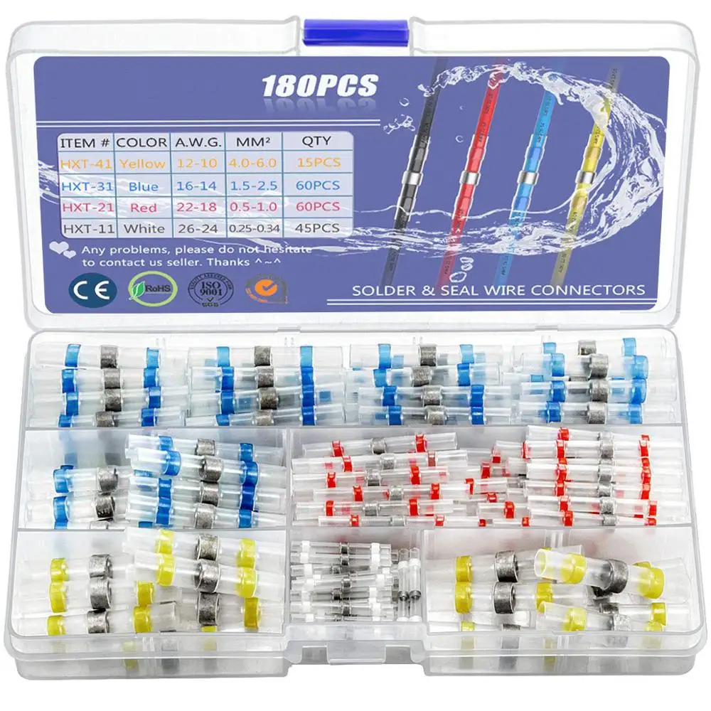 180Pcs 180/400 шт припой уплотнения провода разъемы, Sopoby термоусадочный стыковой соединители электрические водонепроницаемые автомобильные терминалы с чехлом - Цвет: 180Pcs