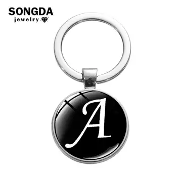 

SONGDA 26 English Letters Glass Round Charm Key Ring Personality A-Z Initial Name Keychain Bag Car Key Chain Accessories Unisex
