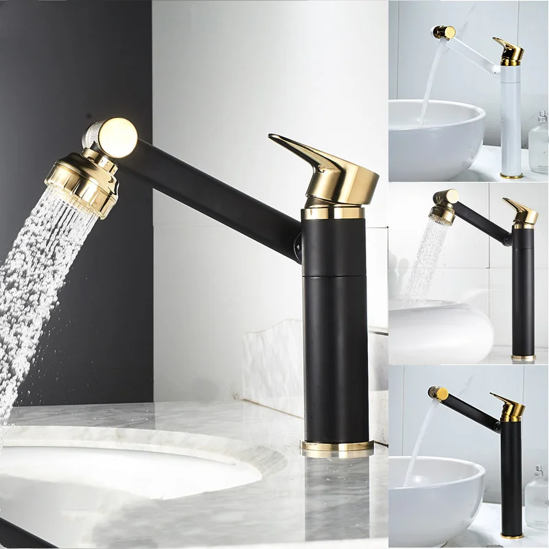 

Bathroom Basin Faucet Solid Brass Sink Mixer Crane Tap Hot & Cold Deck Mounted Single Handle Rotating Unique Design Black Gold