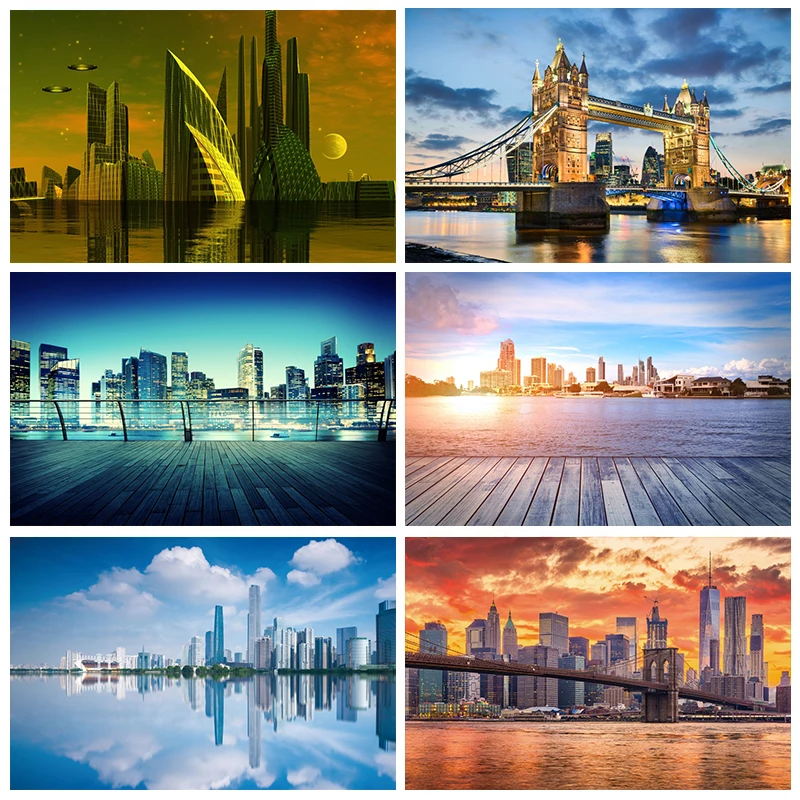 

Laeacco City Metropolis Lake Wood Bridge Platform Night Scenic Party Photographic Background Photographic Backdrop Photo Studio