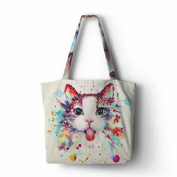 

Customized cute cat printing Handbag Linen polyester women shopping Tote Home Storage Bags with Casual Traveling Beach Bags