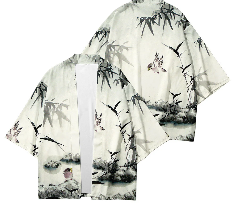 

New Summer Kimono Landscape Creative 3D Printing Seven-point Shirt Robe Cardigan Loose Men's Feather Woven Delivery