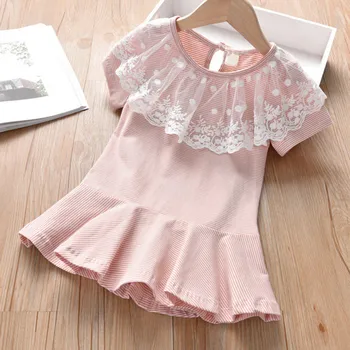 

Girls' Summer Short Sleeve Stripe Dress Toddler Baby Girls Summer Short Sleeve Lace Doll Collar Princess Dress