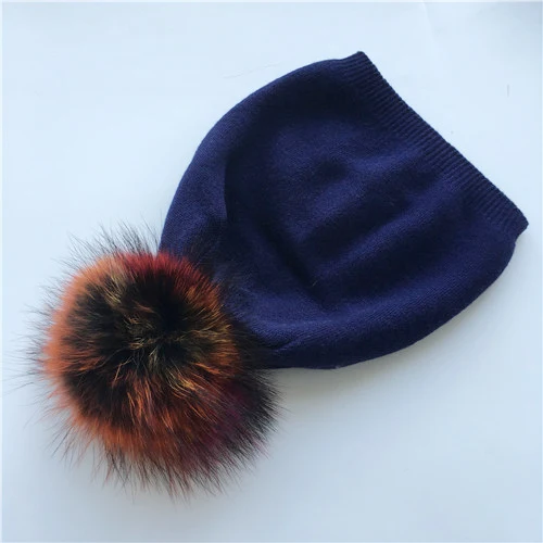 Вязаная шапка из натурального меха енота с помпонами, женские шапки бини, кашемировая зимняя шапка, Женская хлопковая шапка Skullies, шерстяная шапка - Цвет: Navy colorful fur