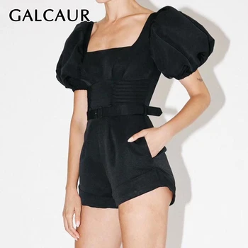 

GALCAUR Elegant Black Jumpsuit Female Square Collar Puff Sleeve High Waist Sashes Tunic Playsuits Women 2020 Fashion New Clothes