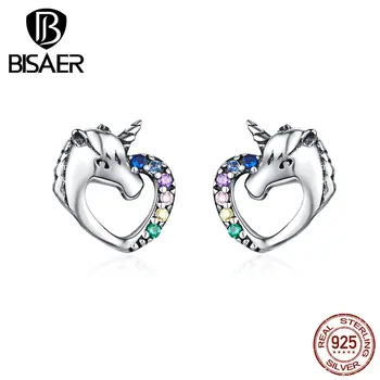 

BISAER Unicorn Earrings Fashion 925 Sterling Silver Pure Animal Licorne Small Women Stud Earrings Sterling Silver Jewelry ECE611