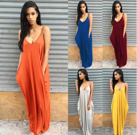 

Europe And America WOMEN'S Dress Spring And Summer Hot Selling Solid Color Strap Pullover One Piece Long Skirts