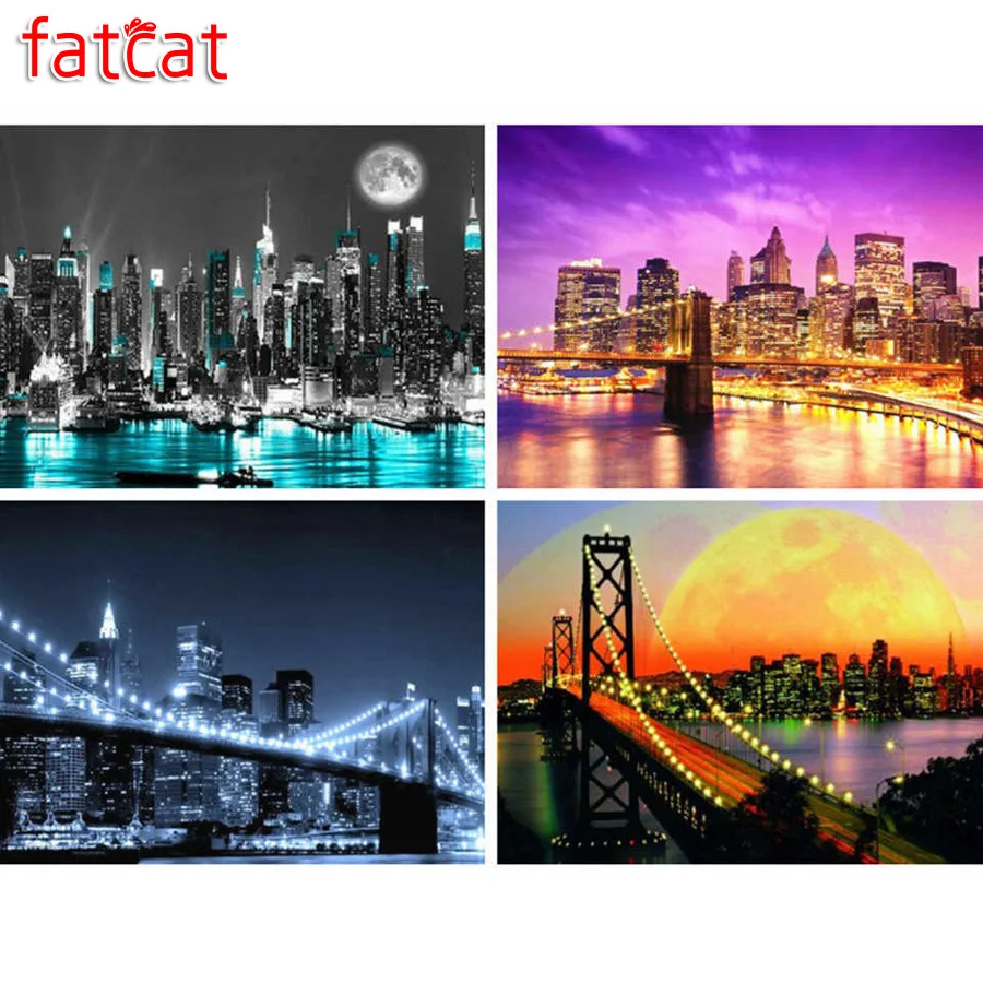 FATCAT 5d diy Алмазная картина Нью-Йорк ночной мост полный квадратный круглый дрель