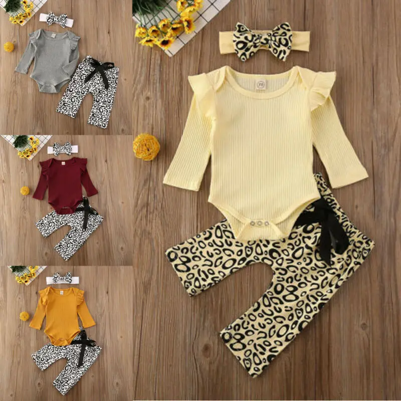 Emmababy Одежда для новорожденных девочек Ползунки с оборками и длинными рукавами, топы, лоскутные с бантом, леопардовые штаны повязка на голову, комплект одежды